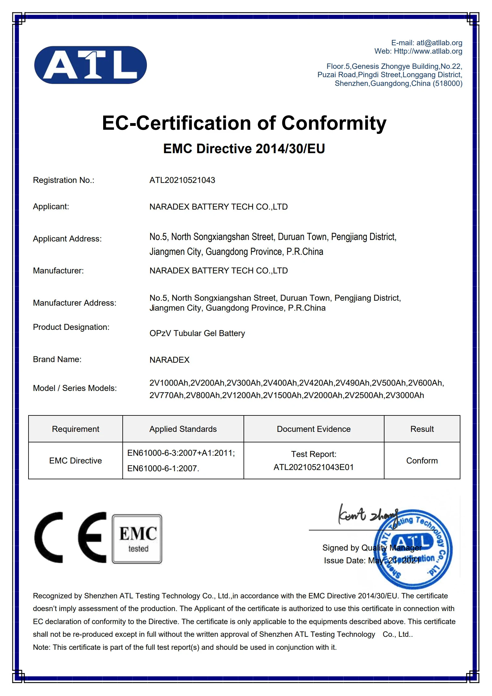 CE (EMC 2014/30/EU) certificate — Naradex Battery