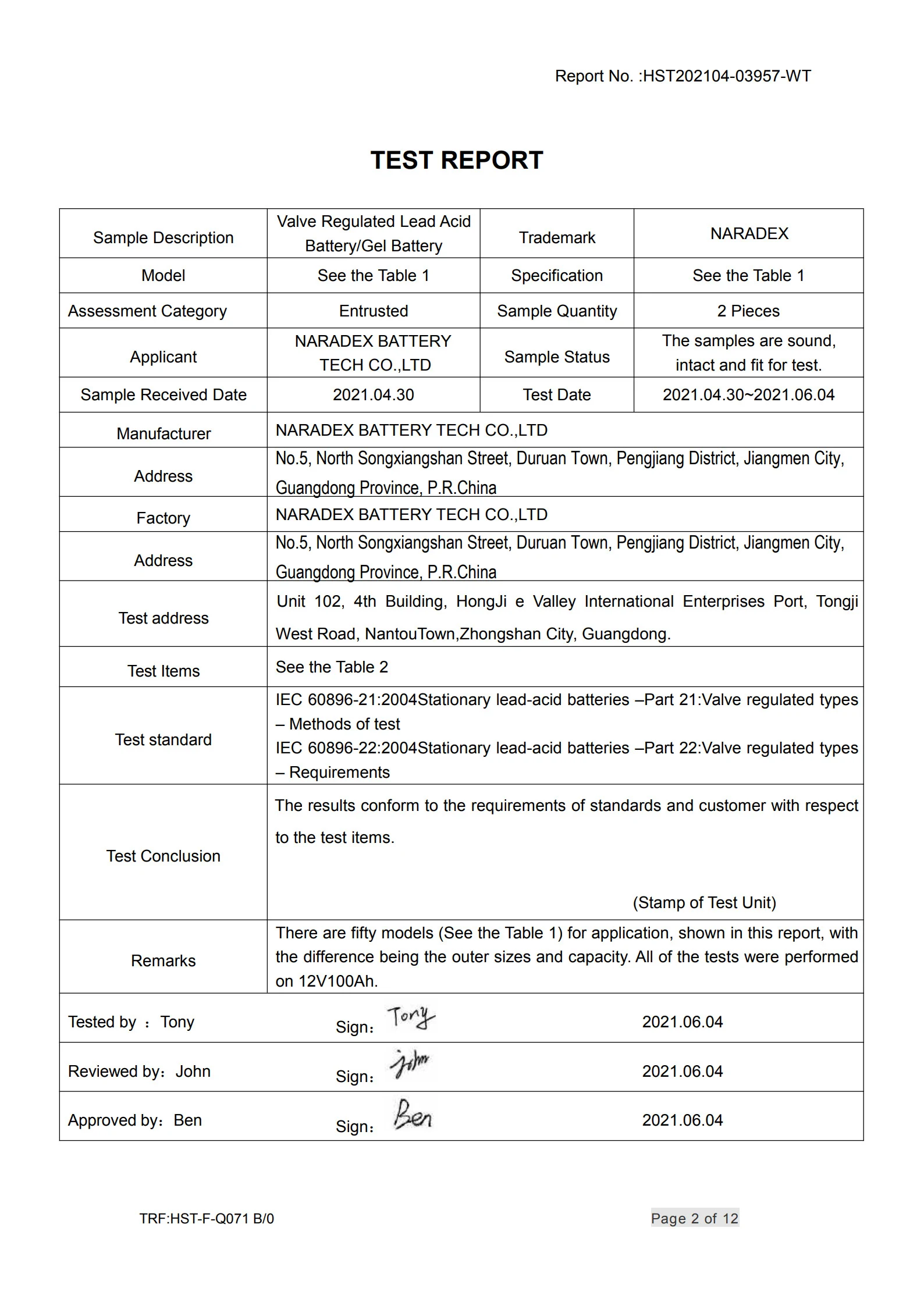 IEC 60896-21/22 certificate — Naradex Battery