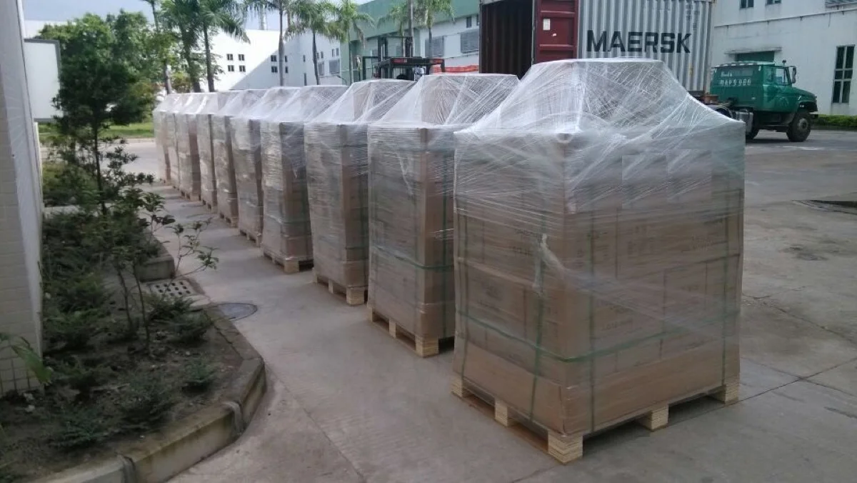 Naradex batteries loaded on pallets for international shipping